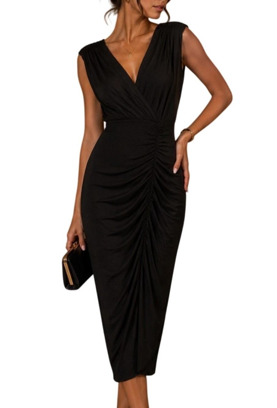 Eliza J Womens Sleeveless Ruched Midi Dress Cocktail Size 6 Black Elegant Event